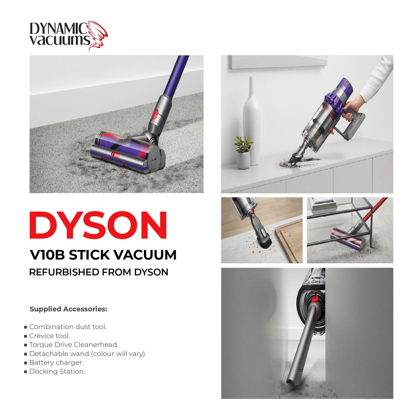 Dyson V10B Stick Vacuum. Lifestyle girl vacuuming dirt off table. Cleaner head, combination tool and crevice tool vacuuming dirt. English text describing supplied accessories.