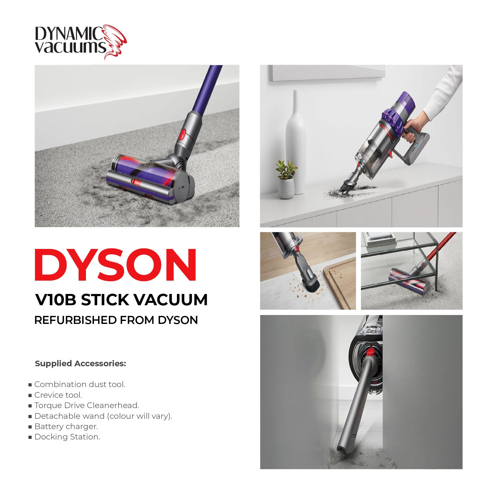 Dyson V10B Stick Vacuum. Lifestyle girl vacuuming dirt off table. Cleaner head, combination tool and crevice tool vacuuming dirt. English text describing supplied accessories.