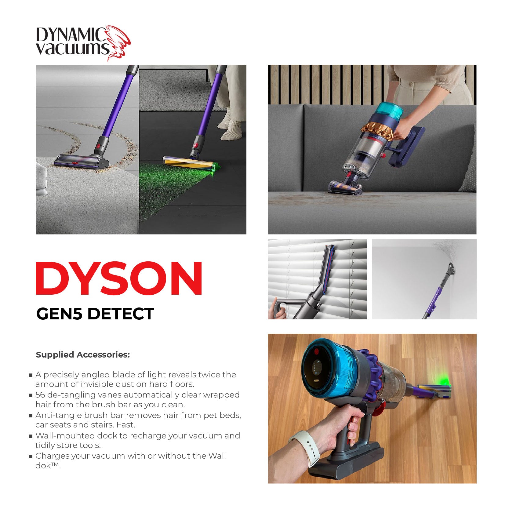 Dyson Gen5detect Girl vacuuming with cleaner head and soft roller with laser. Girl vacuuming pet hair on couch. Dusting walls and blinds with dusting tool. English description providing details about accessories