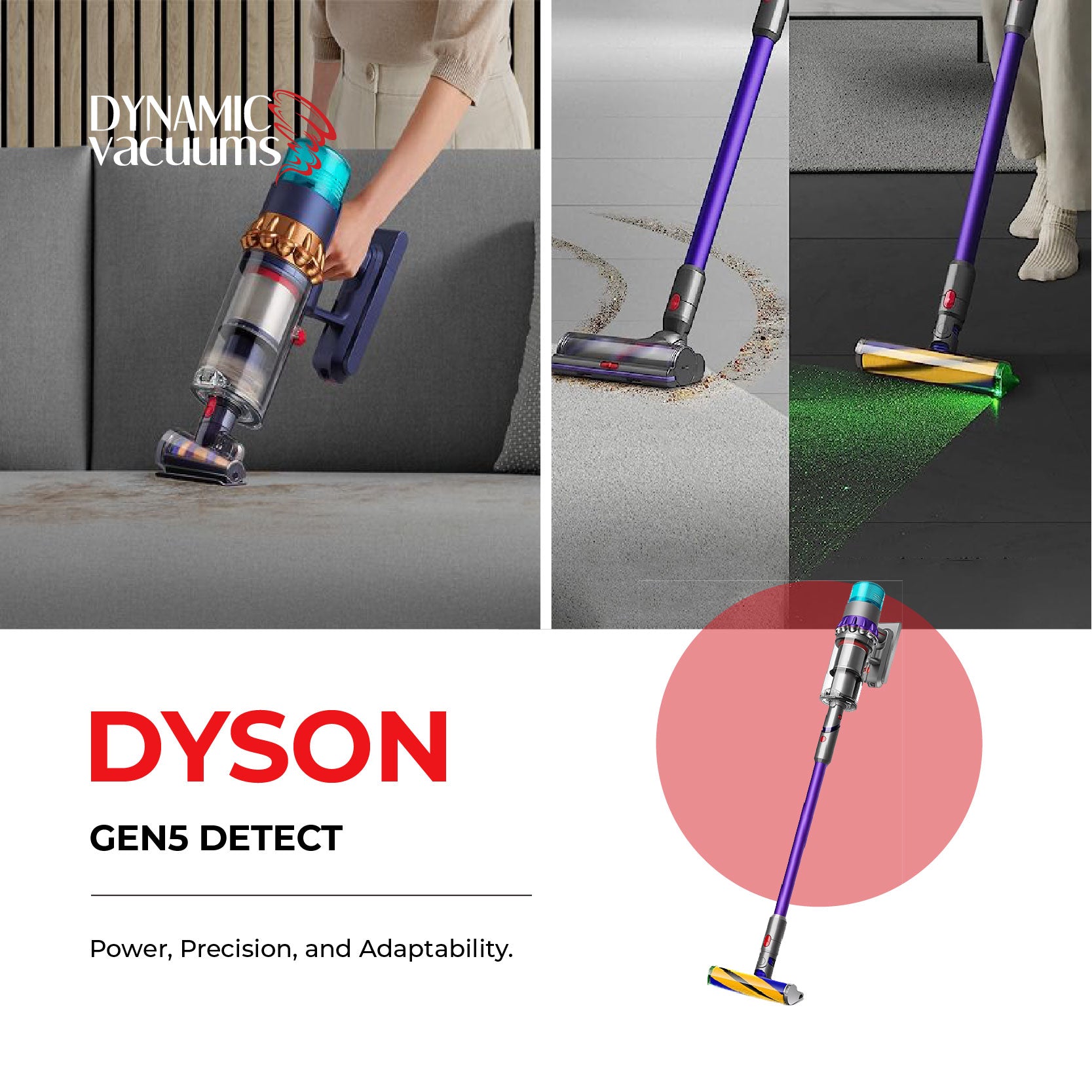 Dyson Gen5detect Cordless stick vacuum. Lifestyle girl vacuuming couch with mini motorized hair screw tool. vacuuming floor with cleaner head and laser soft roller. English text describing process