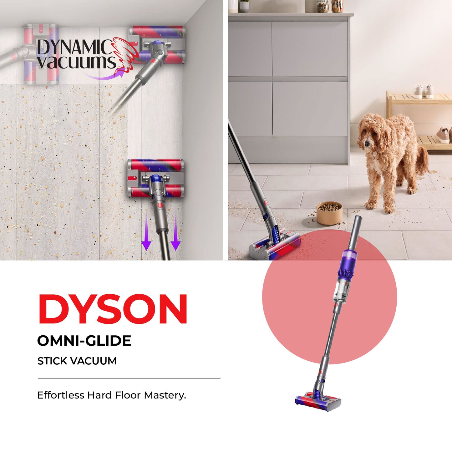 Dyson Omni-Glide vacuuming dirt and debris off floors. Head vacuuming in omni directional way