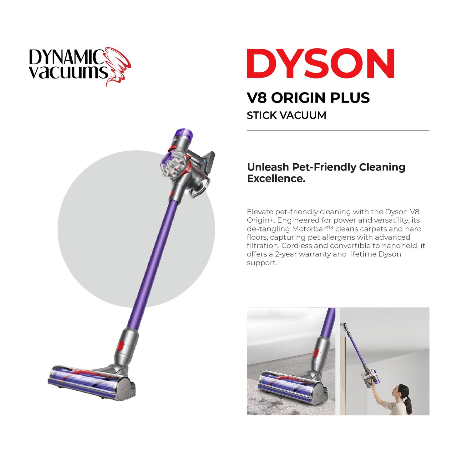 Dyson V8 Origin Plus Stick Vacuum. Vacuuming dirt and hair off carpet. Lifestyle Girl vacuuming dirt off ceiling with combination tool