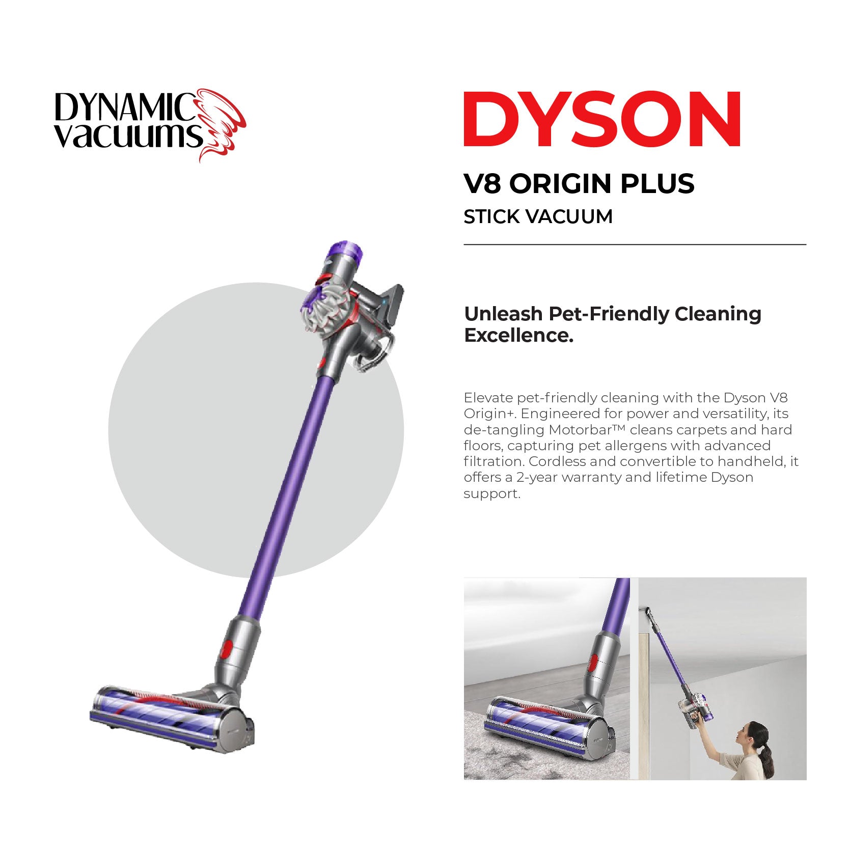 Dyson V8 Origin Plus Stick Vacuum. Vacuuming dirt and hair off carpet. Lifestyle Girl vacuuming dirt off ceiling with combination tool