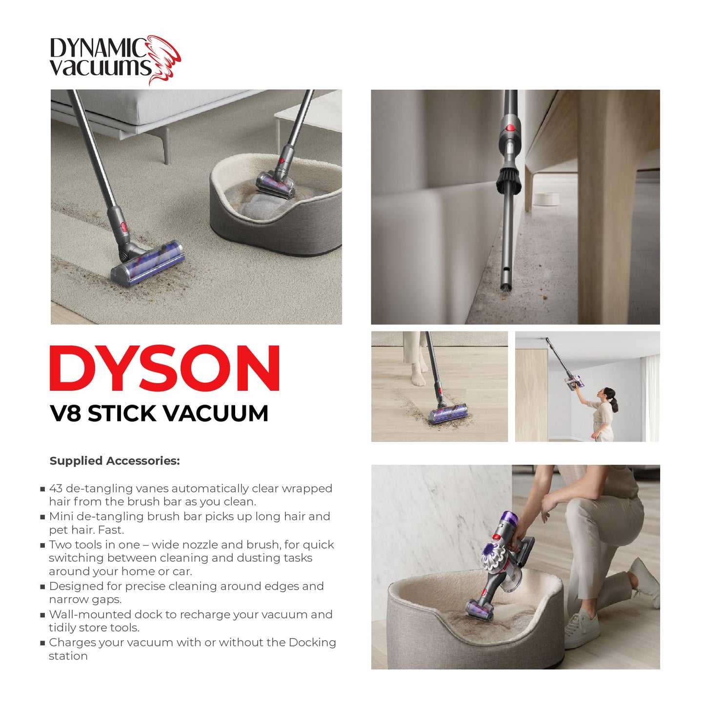 Dyson V8 Stick vacuum. vacuuming dirt hair and debris using cleaner head, mini motorized head, crevice tool and combination tool