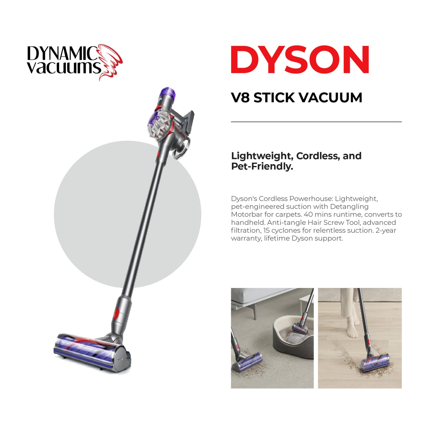 Dyson V8 stick vacuum using motor head and mini motor head to clean dirt debris and hair. lifestyle. English description of features