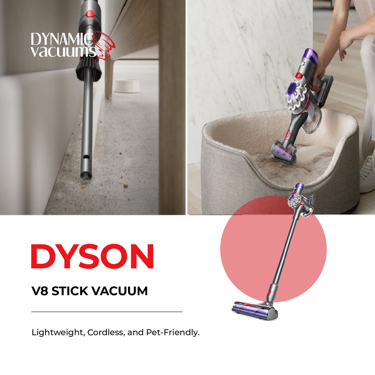 Dyson V8 Stick Vacuum using crevice tool, and mini motorized head to clean dirt, debris and hair. English description of features