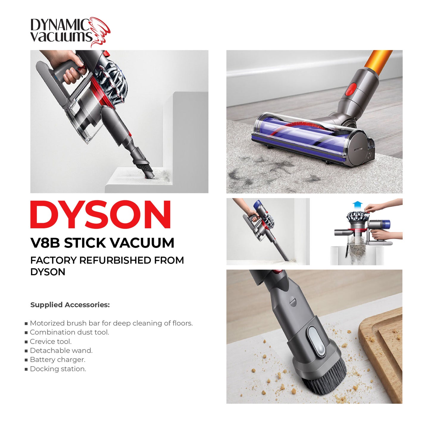 Dyson V8B Factory refurbished stick vacuum. combination tool. Cleaner head, emptying dirt bin in garbage. vacuuming dirt hair and debris with tools.