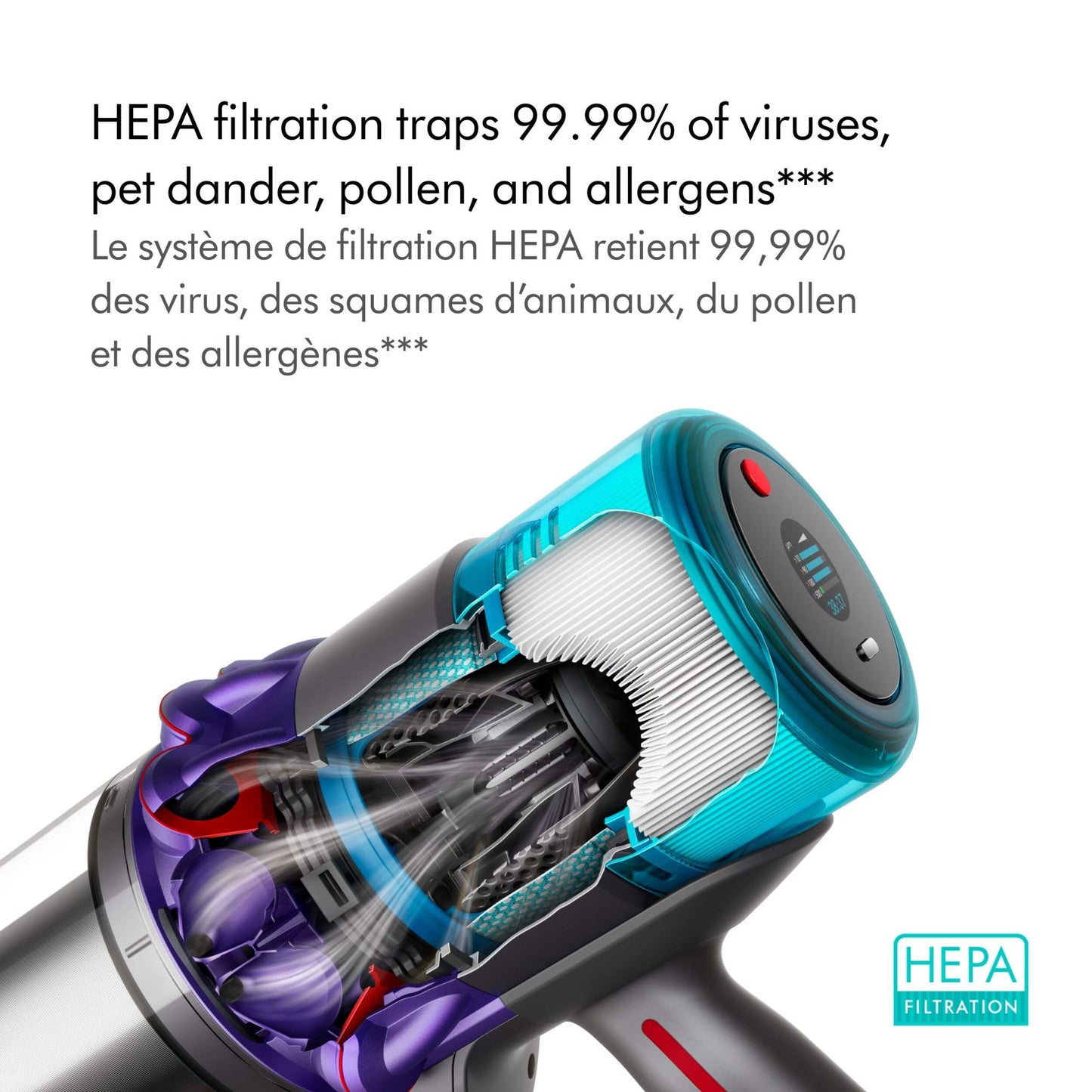 dyson gen5 outsize features hepa. English and french text describing features