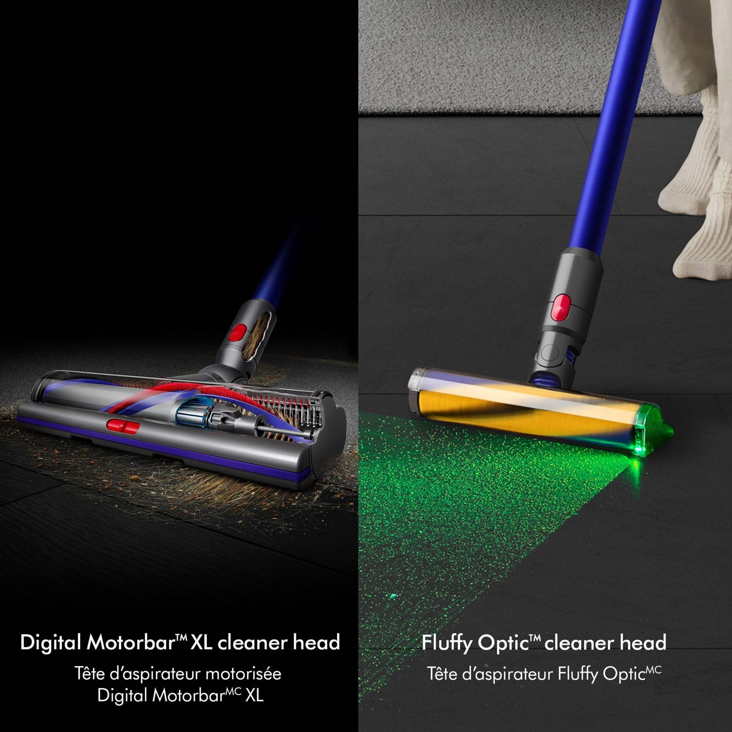 dyson gen5 outsize features two cleaner heads. English and french description describing features