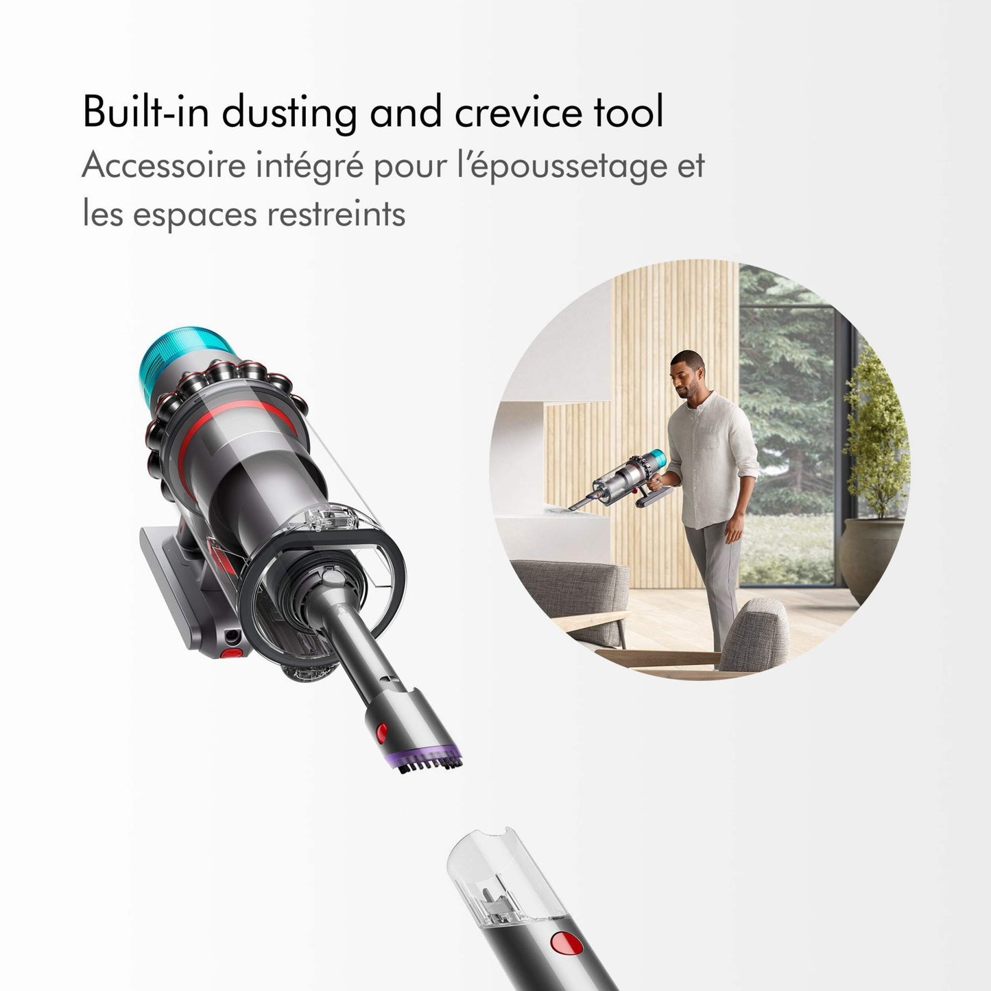 Dyson gen5outsize cordless stick vacuum built-in dusting and crevice tool. lifestyle guy vacuuming with crevice tool
