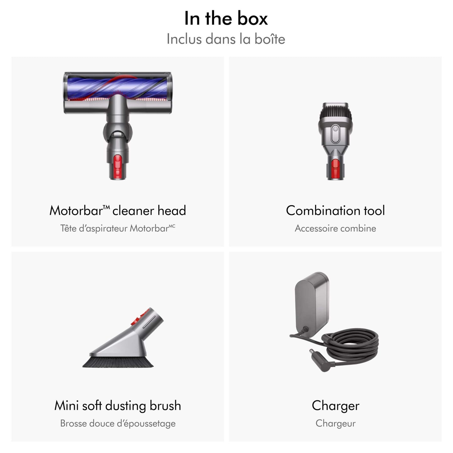Dyson V7 Advanced Cordless Stick Vacuum what's in the box featuring Dyson cleaner head, combination tool, dusting brush and charger. English and French text overlay explaining the process