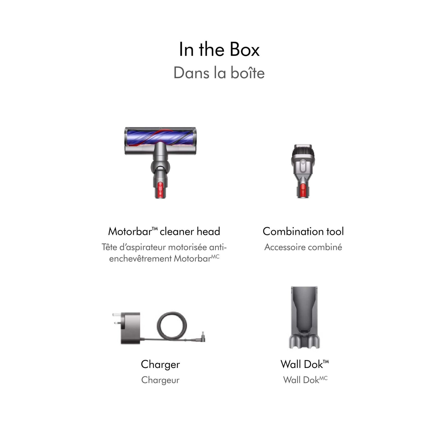 Dyson V8 Origin whats in the box displaying motor head, combination tool, charge and wall doc featring featuring English and French text overlay explaining the process
