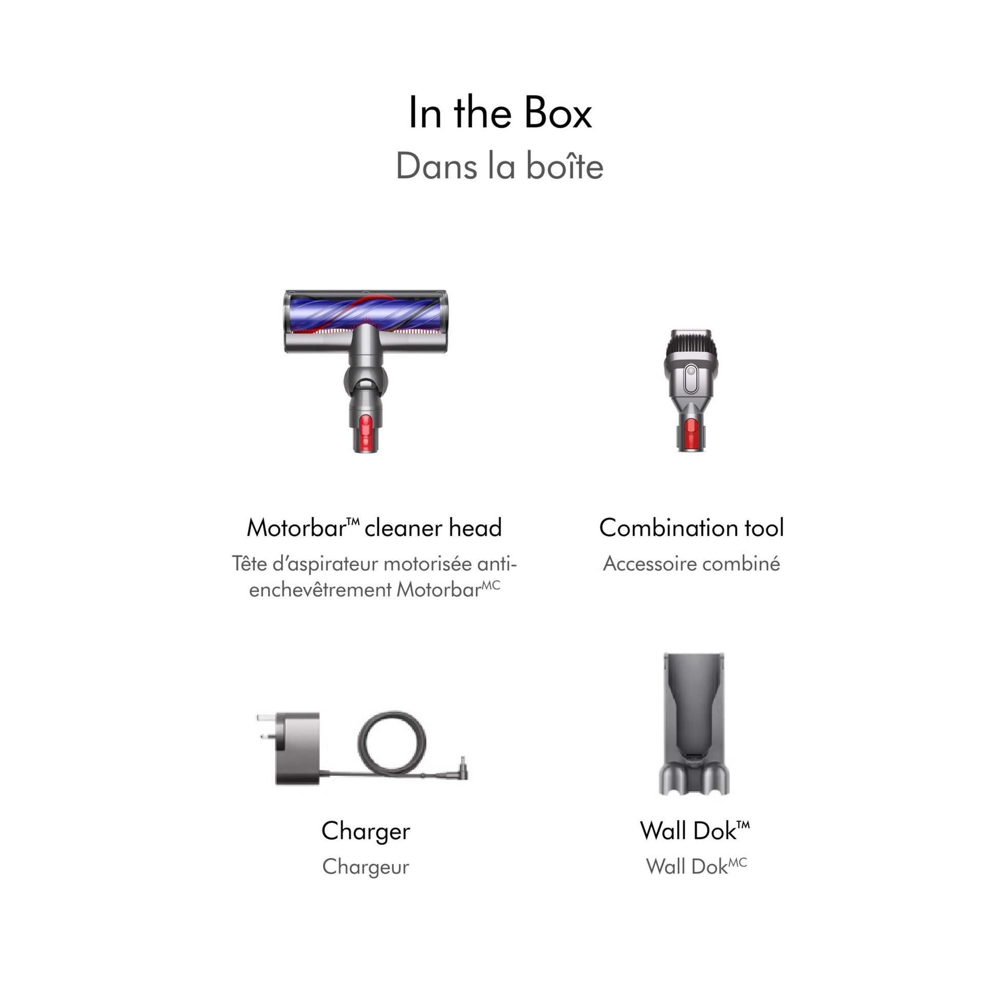 Dyson V8 Origin whats in the box displaying motor head, combination tool, charge and wall doc featring featuring English and French text overlay explaining the process