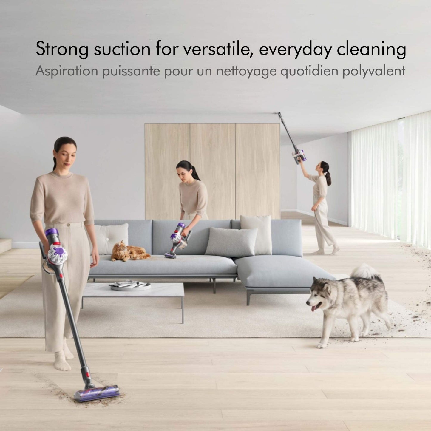 Lifestyle. Girl vacuuming house with Dyson V8 Origin. English and French text displaying process