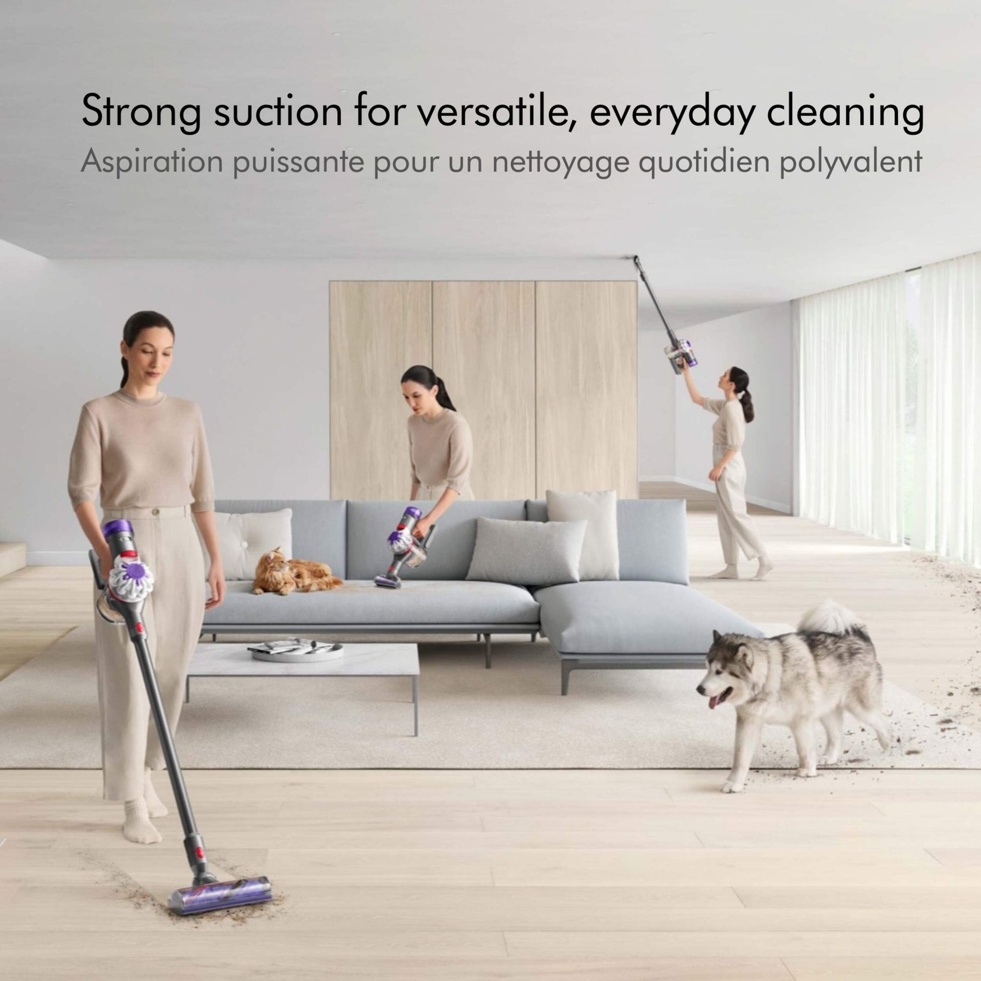Lifestyle. Girl vacuuming house with Dyson V8 Origin. English and French text displaying process