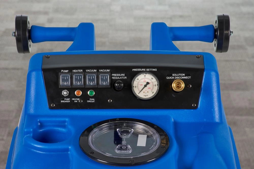 Powr-Flite 500psi Extractor, 10 Gal, Dual Element Heater PE310-G10-U controls and view on transport wheels