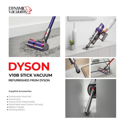 Dyson V10B Stick Vacuum. Lifestyle girl vacuuming dirt off table. Cleaner head, combination tool and crevice tool vacuuming dirt. English text describing supplied accessories. 