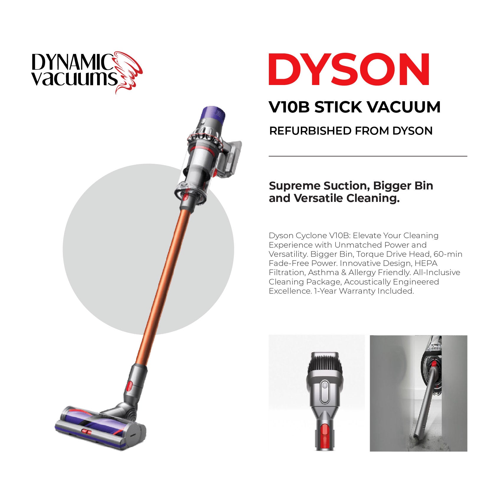 Dyson V10B Stick Vacuum. Combination tool and crevice tool. English text describing process