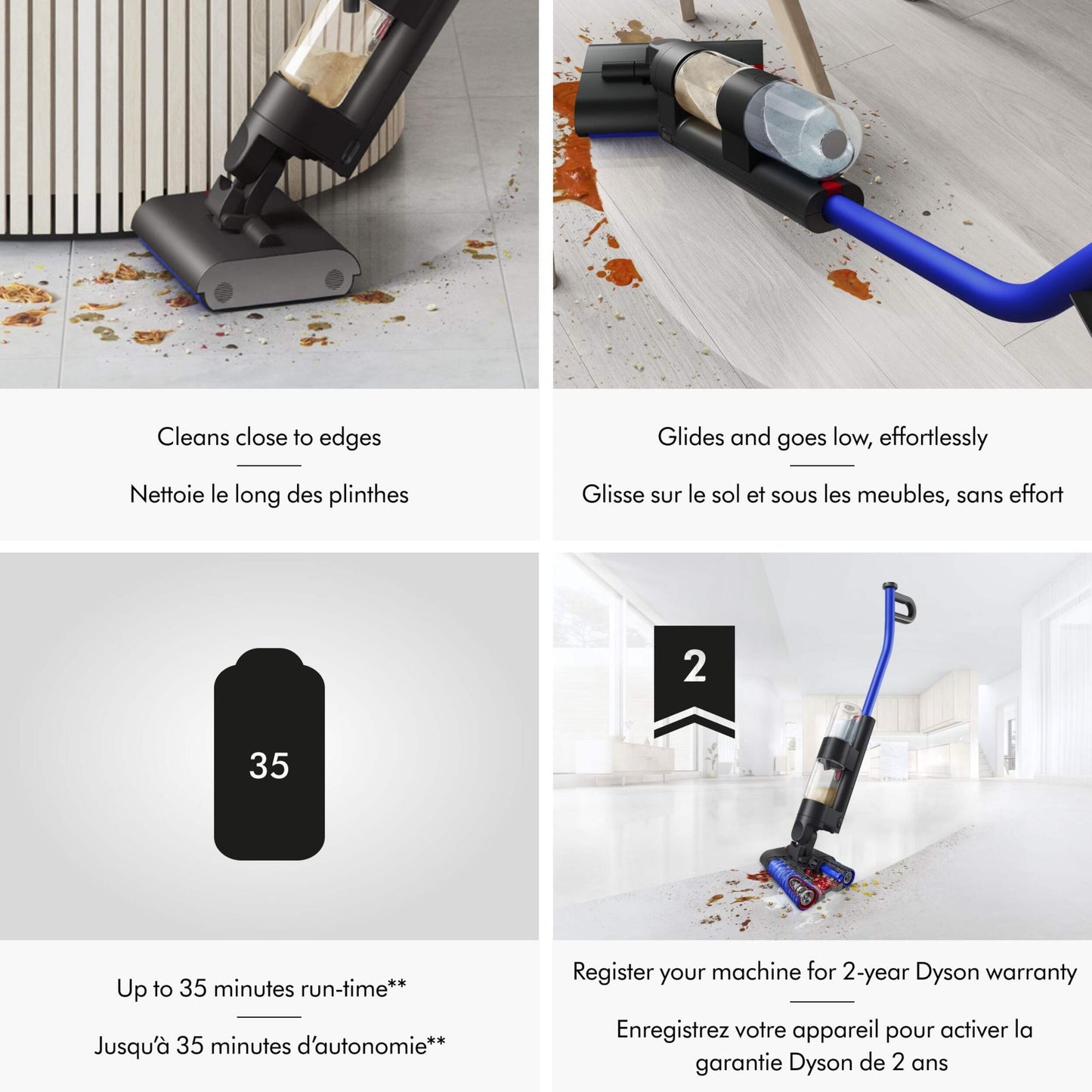 Dyson washG1 vacuuming dirt, liquid and debris, around corners and under furniture. English and French text overlay explaining cleaning process, run-time and warranty