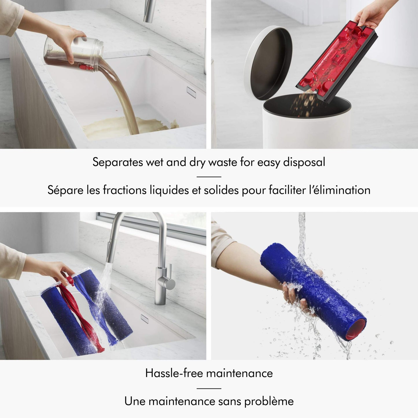 Dyson washG1 vacuum is emptied into a trash bin, roller being rinsed under a faucet, and reinserted, illustrating easy waste separation and maintenance.