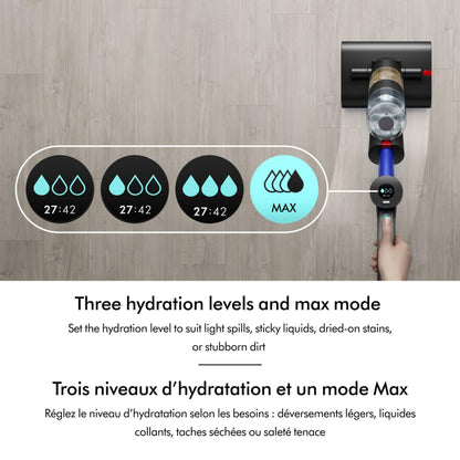 Dyson washG1 person vacuuming floor. English and French text overlay explaining hyrdration level and suction level