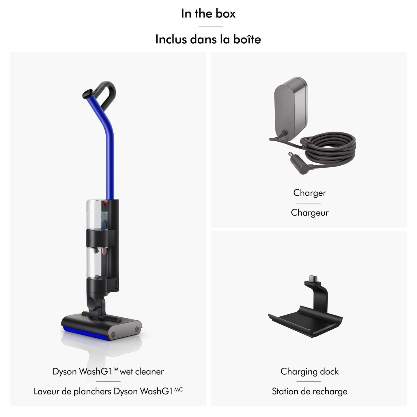 Dyson washG1 Whats in the box with vacuum charger and charging dock